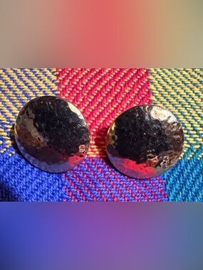 Vintage Hammered Round Metal Clip On Earrings Button